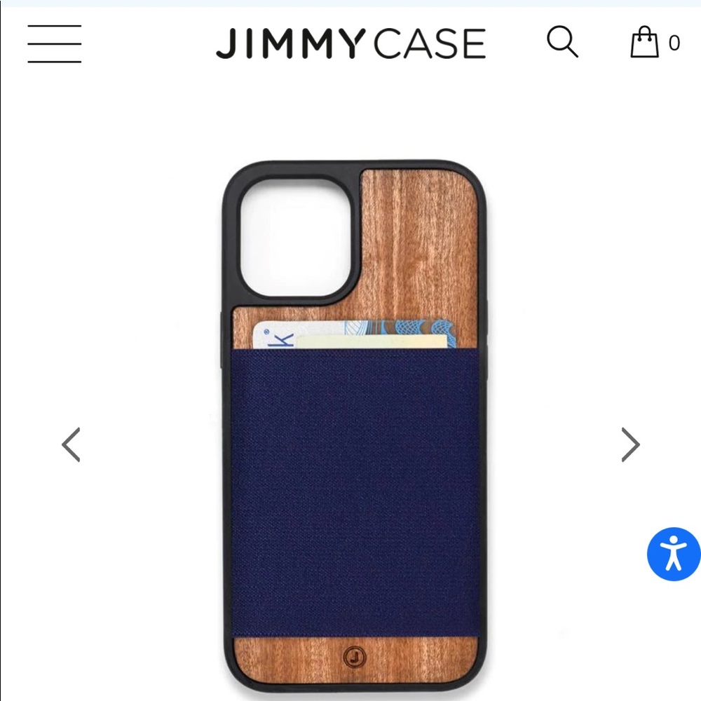 Jimmycase wallet case for iPhone 12 or 12 Pro in wood with Navy band.